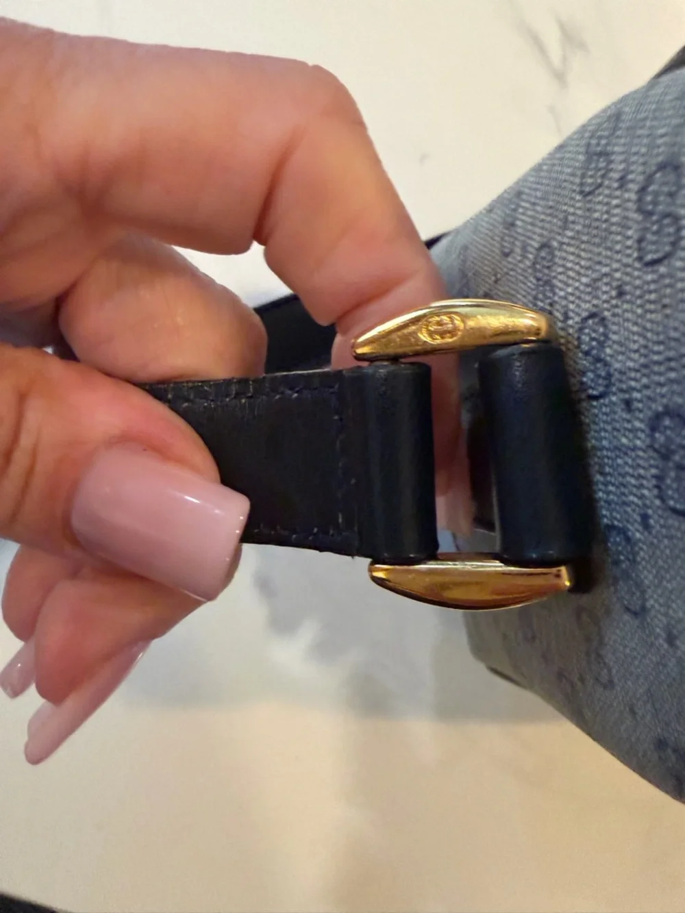 Gucci Blue Leather and Beige/Gray GG Monogram Shoulder Bag - Picture 7 of 14